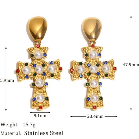 Elegant Gold Cross Earrings with Pearls - Picture 2 of 2